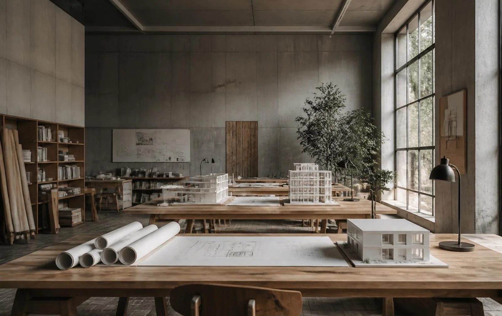 Studioet til Nur Arkitekter med arbeidsbord, tegninger og fysiske modeller